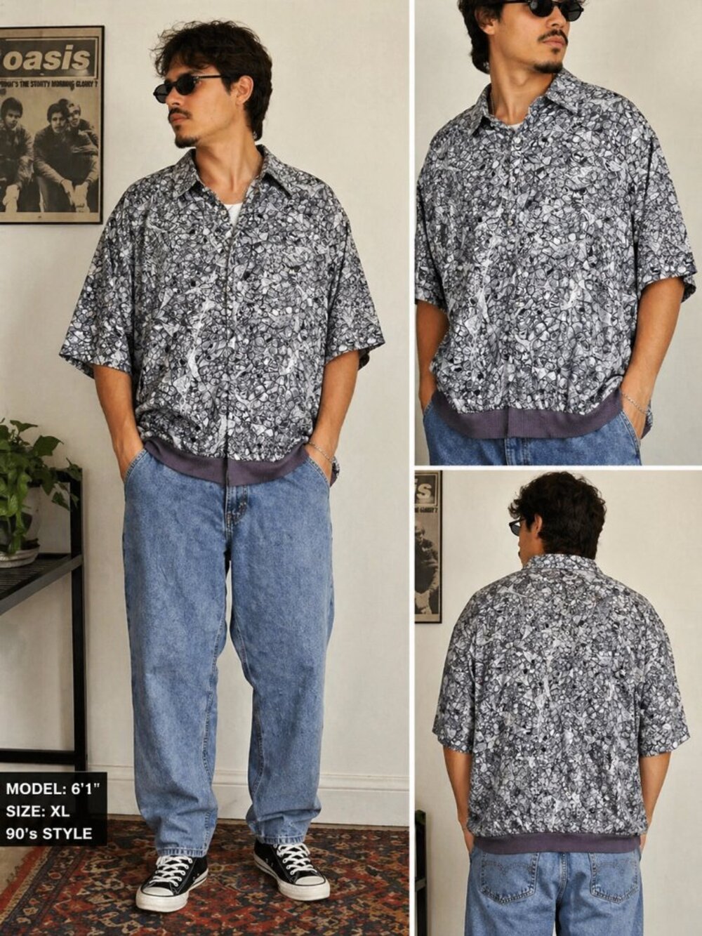 Alan Stuart Black & White Abstract Short Sleeve Half Button-Front Shirt size XL